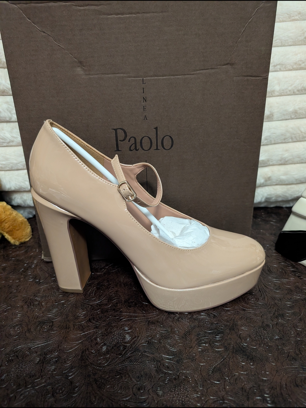 Paolo Beige Patent Mary Jane Platform Pump